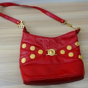 80s Gold Medallion Lion Chain Hobo Shoulder Bag Red Leather VTG Strap Faux FLAW